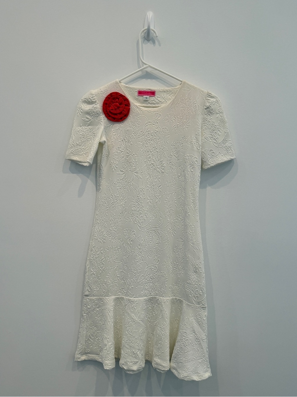 Kids White Textured Dress with Red Rosette